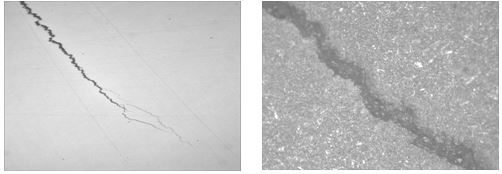 螺母淬火裂紋未腐蝕， 螺母淬火裂紋局部放大 500&times;