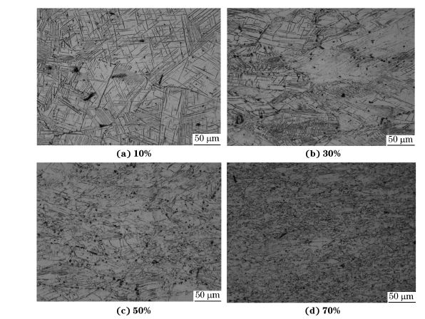 圖４ 在９８０ ℃、應變速率為０．０１０s－１下壓縮至不同應變量后GH４１６９合金的顯微組織